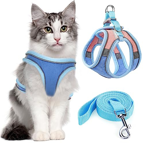 Onlyesh Katzengeschirr mit Leine, Verstellbares Katzengeschirr mit Leine Ausbruchsicher - 150cm Katzenleine, Katzengeschirr Ausbruchsicher mit Reflektierenden Streifen, Blau, S