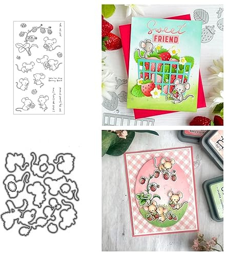 Sredwtk Erdbeeren Maus Stanzschablonen und Stempelset,Stempel und Stanzen Set,Silikonstempel und Stanzen Set,Clear Stamp und Stanzschablone Für DIY Scrapbooking Fotoalbum Dekor Karten