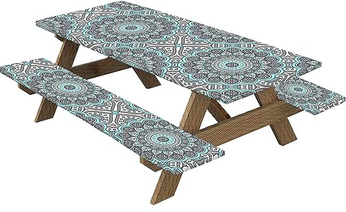 Highdi Nappes pour Table de Pique Nique avec Housses de Banc, Nappe Rectangulaire Ajustée Couverture de Table imperméable Élastique pour Extérieur, Jardin, Camping, Fête (30*72 pouces,kaléidoscope 5)