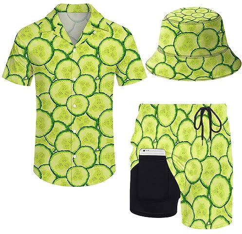 ZePinger Herren 80er Jahre Hemd und Shorts Set 80er 90er Jahre Outfit 90er Jahre Hemd Anzüge mit Bucket Hats, Pickle, Large