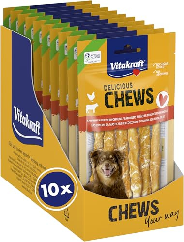 Vitakraft Delicious Chews, Hundekauknochen, Kaurollen aus Rinderhaut umwickelt mit Hühnchenfleisch, zur Beschäftigung, ohne Zusatz von Zucker (10x 70g)