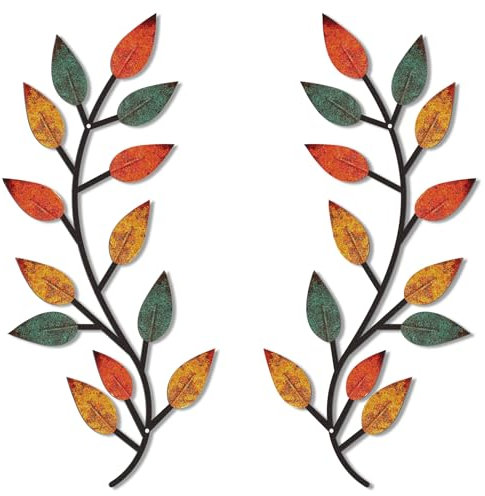 Zhengmy 2 Pieces Metal Tree Leaf Wall Decor Vine Olive Branch Leaf Wall Art Living Room, Hallway Wall Decor Outdoor Decoration(Lively Colors)