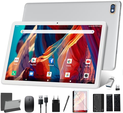 2024 Tablet 10 Zoll, 5G WiFi Android Tablet mit Tastatur Maus Stift, 128GB ROM+1TB TF, 1.8GHz Okta-Kern, 7000mAh,face ID 13MP+8MP Kamera, 1080P FHD Bluetooth 5.0, GMS|OTG|FM|Typ-c Silber