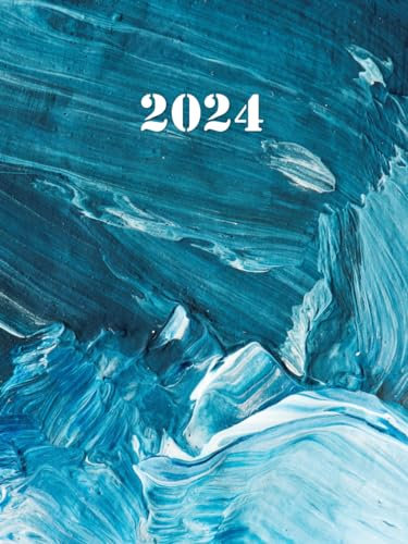 Terminplaner 2024: Tagesplaner 1 Seite 1 Tag, 12 Monate, Buchkalend mit Uhrzeit, Din A4, Aquarell Blau Design