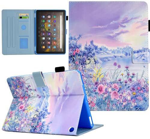AUSMIX Case for Amazon Kindle Fire HD 10 & 10 Plus Tablet(11th Generation 2021 Release),Ultra Slim Premium PU Leather Stand Cover with Smart Auto Wake/Sleep,Purple Flower