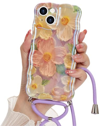 Micoden Handykette für iPhone 15 Hülle Buntes Retro-Ölgemälde Handyhülle, Blume Blatt-Laserdruck Glänzendes Muster, Niedlich Wellenrand Stilvoll Haltbares TPU Silkon Case für Damen，Rosa
