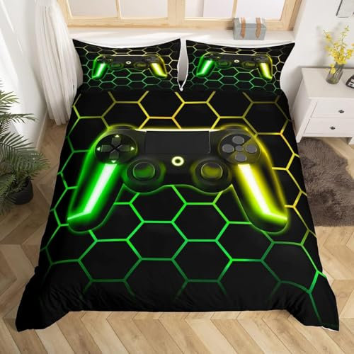 Homewish Housse de Couette Gaming 220x240 pour Garçons, Housse de Couette Gamer avec Imprimé Nid d'abeille Pailleté, Parure de Lit Console de Jeu Neon Light, Décor Nid d'abeille Géométrique