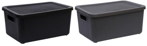 FotoStation Set of 2-7L Litre Small Rectangular Storage Box with Lid & Handle Stackable Plastic Container Rib Design Storage Organiser Multipurpose Shelves Basket (Bottle Grey + Black)
