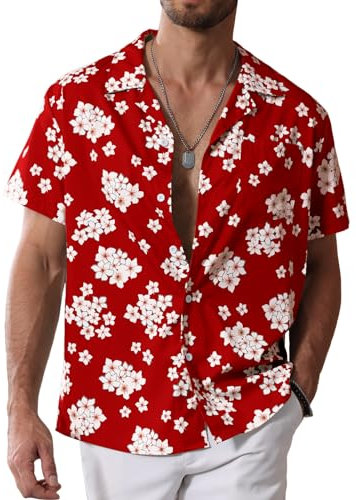 Cooleep Mens Hawaiian Shirts Short Sleeve Floral Funky Shirts Summer Tops for Beach Festival Holiday Red M