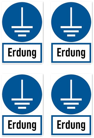 Aufkleber: 112.5x75 mm, 4 Stück - Erdung - Gebotszeichen mit Text (deutsch) (blau/weiß) - hochkant - M005 - DIN EN ISO 7010 / ASR A1.3