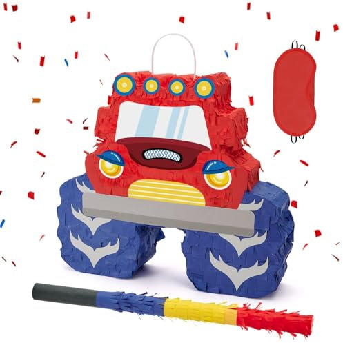 WERNNSAI Monster Truck Pinata Bundle With Blindfold and Bat for Boys Kids Theme Party Decoration Supplies - Cool Car for Birthday, Carnival Celebration Game
