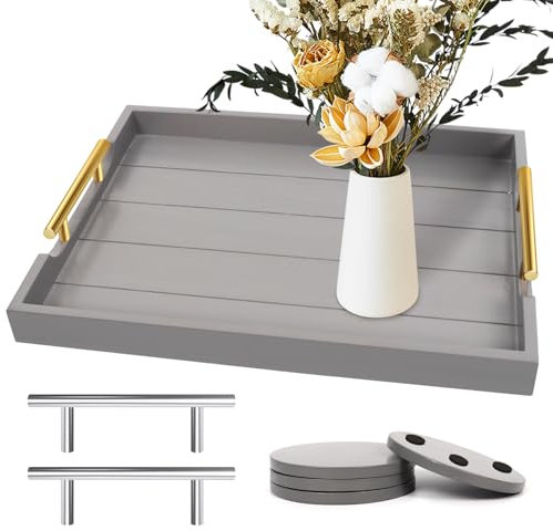 SXNOWS Large Wood Ottoman Tray - With Handles, Includes 4 Round Coasters - Living Room Coffee Table Serving Tray, Gray (2 Set)
