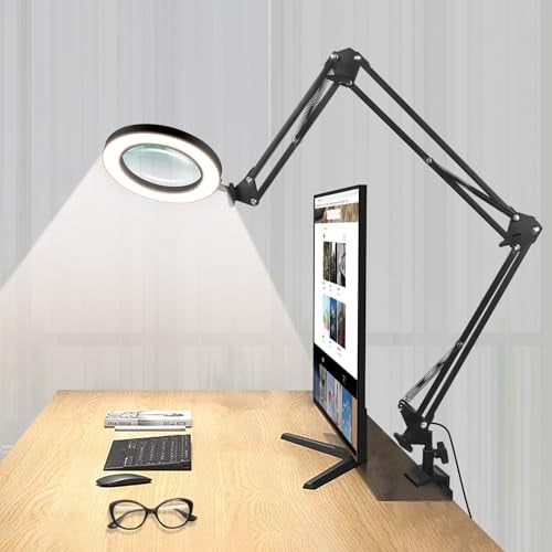 SAVSOO 10X Lupe mit Licht und ständer,Schreibtischlampe mit verlängertem Federarm, groß Lupenlampe mit Licht für Lesen/Modellbau,FreihandLupenleuchte, 5 Farbmodi