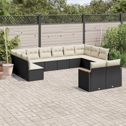 Rantry Set Schlafsofa, Wohnzimmer, Sofa, Garten, modernes Sofaset für den Außenbereich, Gartenmöbel, 12-teiliges Set mit schwarzen Kissen aus Polyrattan Ez