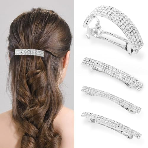 Diamante Mollette per Capelli, 4 pezzi Fermagli per Capelli Strass, fermagli per capelli a coda di cavallo, Mollette a Clip Automatica, clip laterali in metallo, per donne e ragazze (Argento)