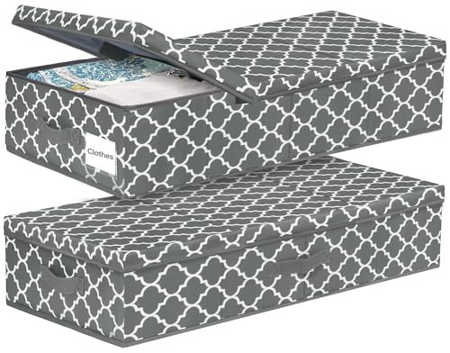 2 Pack Large Under Bed Storage Boxes with Lid, 45L Foldable Under Bed Storage Bags with Handle, Organiser Drawer Containers for Clothes, Blankets, Duvets, Pillows, Bedding