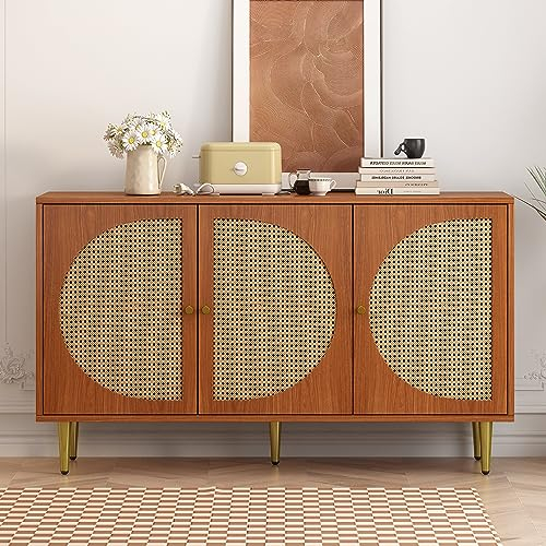 VSOGA Sideboard mit 3 Rattan-Türen, Kommode Highboard mit Metallgriffen, Nussbaum, 129.8 x 40 x 76 cm