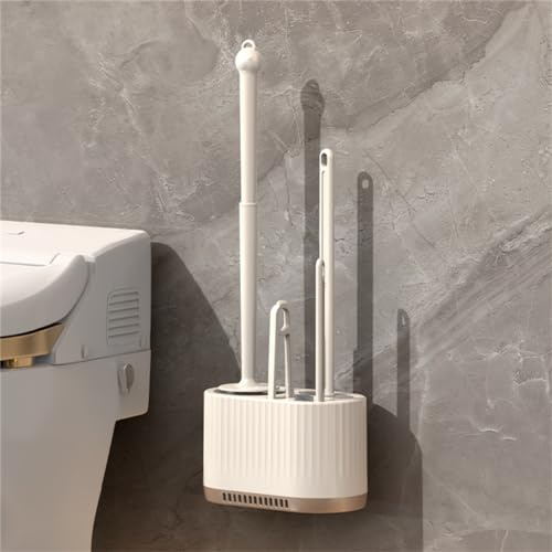 Michear Brosse de toilette, poils flexibles en silicone, ensemble de nettoyage profond avec support ventilé, base debout et brosse murale pour cuvette de toilette (beige)