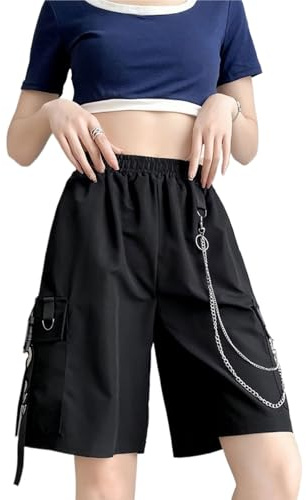 Skateboard Frog Goth Emo Alt Asymmetrischer Short Rock Damen Skirt Skorts | Damen Y2K Gothic Harajuku Streetwear Baggy Culotte Hose elastischer Bund asymmetrische Falten 7/8 Länge Hip Hop Schwarz