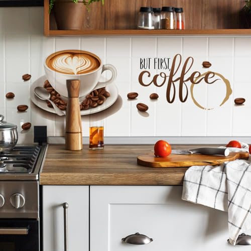 HGDESIGN® Wandtattoo Wandaufkleber Kaffee Zeit But First Coffee Eule Cappuccino Wandsticker Wanddeko für Küche Esszimmer (E)