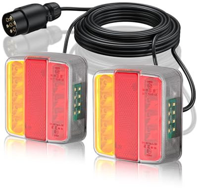 eSynic 2 Pack Magnetic 18 LED Trailer Light Kit 12V Car Rear Trailer LED Lights IP65 Waterproof with 7 Pin Plug, 7.5M Long Cable As Indicator/Brake/Tail Lights for RV, Van, Truck etc(Magnetic Mount)