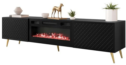 Mirjan24 Temerra EF Meuble TV bas avec cheminée électrique, meuble TV, meuble bas, flamme LED réaliste, avec cristaux décoratifs, tableau, armoire, meuble TV (noir)