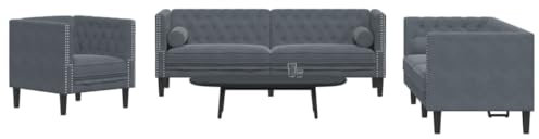 Willood 3-Sitzer Sofa Chesterfield Sofa Set mit Nackenrollen Couch für Wohnzimmer Wohnzimmersofa Wohnzimmermöbel Dunkelgrau Samt