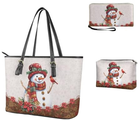 COEQINE 3 Pcs Laptop Bag for Women,Leather Tote Bags 15.6 Inch Large Capacity Shoulder Handbag Wallet Waterproof Makeup Bag Toilet Case With Zipper,Portable Briefcase Purses,Christma Snowman Cardinal