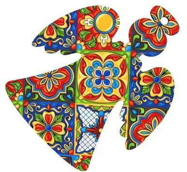 Mexican Ceramic Tile Christmas Wooden Ornaments 6-PCS Double-Sided Printed Twine for Trees Walls Doors Angelic Shape Christmas Ornament