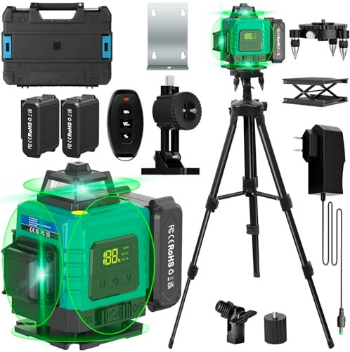 Laser Lever with Tripod, Healfith 4 x 360° 16 Lines Self Leveling Laser Level Green Lazer Level for Construction, Tile, Home Renovation, Picture Hanging