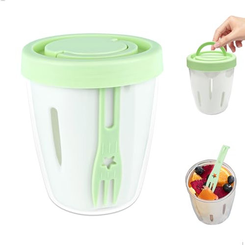 gexuamz Contenitore Macedonia, 500ml Porta Yogurt con Coperchi e Forchetta, Contenitori Frutta Verdura Ermetici, Riutilizzabili Portatile Portapane con Colino per Lavoro, Scuola, Campeggio