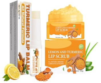 Turmeric Lemon Lip Scrub and Turmeric Lip Balm, Natural Exfoliating & Hydrating Lip Care, Dark Lips Treatment for Smokers, Sugar Exfoliator Scrub for Dark Dry Chapped Lips, Reduce Fine Lines
