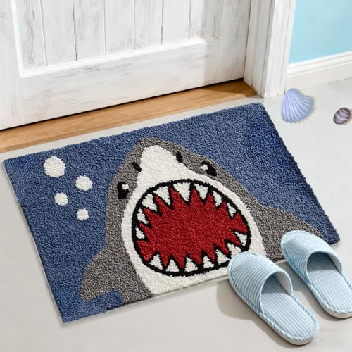 Badematte mit Haifischmotiv, saugfähig, 50,8 x 78,9 cm | Shark Badteppich, rutschfest, schnell trocknend, weiche Mikrofaser, maschinenwaschbar, Duschvorleger für Badezimmer, Küche