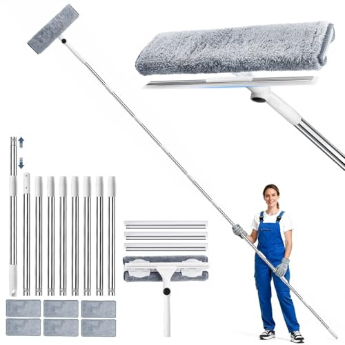3,85m Teleskopstange Fensterreinigung Set, 2 in 1 Profi Fensterputzer Set | Teleskop Fensterwischer Set mit Fensterabzieher & Mikrofasertuch für Hohe Fenster Im Innen und AußEnbereic, Glastür Reinigung