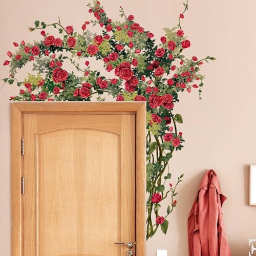 FUFUQUARE Stickers Muraux Roses Rouges Grimpantes Décoration Florale Romantique Autocollants Individuels pour Encadrement de Porte Salon Chambre Salle à Manger