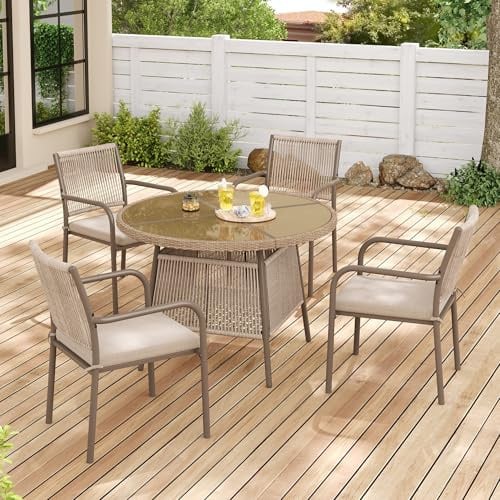 Yihomfy Salon de Jardin Exterieur 4 Places, 4 Chaises et 1 Table Ronde et Cadre en Fer, Coussin, Mobilier De Jardin Moderne pour Terrasse, Balcon Ou Pont, Brown
