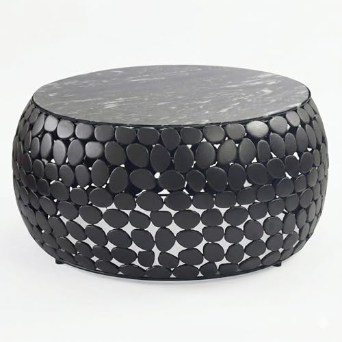 FineBuy Couchtisch Rund 65x65x32 cm Aluminium, Marmorplatte Schwarz | Wohnzimmertisch mit edler Natursteinplatte, Sofatisch aus Metall, Beistelltisch flach, handgefertigt