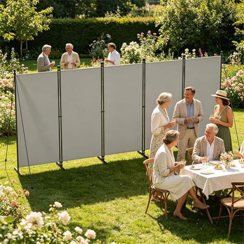 UISEBRT 400 x 180 cm Paravent d'extérieur résistant aux intempéries avec piquets et tendeurs - Paravent pliable sur pied sans perçage - Paravent mobile pour jardin, balcon, terrasse - 5 pièces - Gris