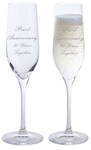 2 Pearl Anniversary 30 Years Together Pair of Dartington Champagne Flutes Glasses