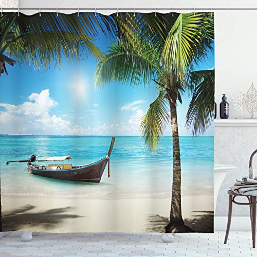 ABAKUHAUS Angeln Duschvorhang, Kleines Boot Sunny Ozean, Stoffliches Gewebe Badezimmerdekorationsset mit Haken, 175 x 240 cm, Aqua Coconut Grün