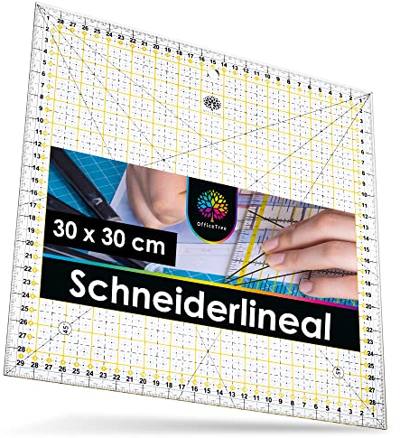 OfficeTree Patchwork Lineal 30x30 cm - Schneidelineal 30cm - Quiltlineale - Patchworklineal für Rollschneider - Schneiderlineal - Nählineal - Stofflineal - Nähzubehör Lineal - Quilting Ruler