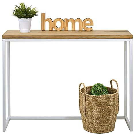 Table d'entree Console iCub Big Wood industriel vintage bois 3cm et métal Blanc 120x30cm. 80cm haute