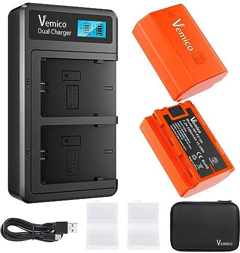 Vemico NP-FZ100 Chargeur de Batterie Kit 2X 2280mAh Batterie de Remplacement avec Chargeur Double LCD de Type C pour Sony A7III/A7I V/ZV-E1/FX3/FX30/A7R III/A9/A9r/A9s/A7R3/A6600 Caméras Digitales