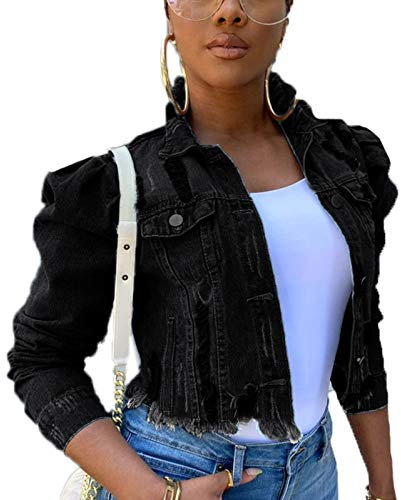 oneforus Women Basic Denim Jacket Puff Sleeve Vintage Wash Faded Ripped Button Down Lapel Cropped Jean Jacket Black