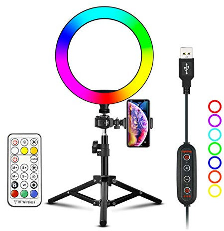 Anello luminoso per selfie con luce ad anello RGB da 10 pollici con treppiede e supporto per telefono, Dimmerabile 3000-5500K Desktop Ringlight per video, vlog, live streaming, trucco