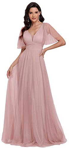 Ever-Pretty Elegante Vestito da Damigella in Tulle Glitterato Donna Scollo a V Manica Corta Lunghezza del Piano Linea ad A Stile Impero Rosa 42EU