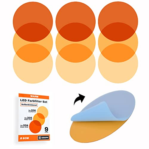 KROPP Selbstklebende Farbfolien für LED Lampen, 8 cm Kreiszuschnitt, 3 Töne Warmweiß Farbfilter zur Farbkorrektur, Tageslicht zu Glühlicht, 9 Stück