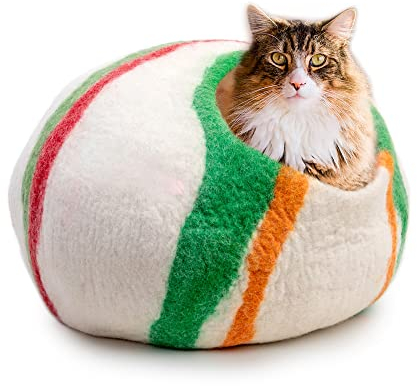 Katzenhöhle aus Wolle (mittel), handgefertigt aus 100% Merinowolle, umweltfreundliche Filz-Katzenhöhle für Indoor-Katzen und Kätzchen (Candy Swirl)