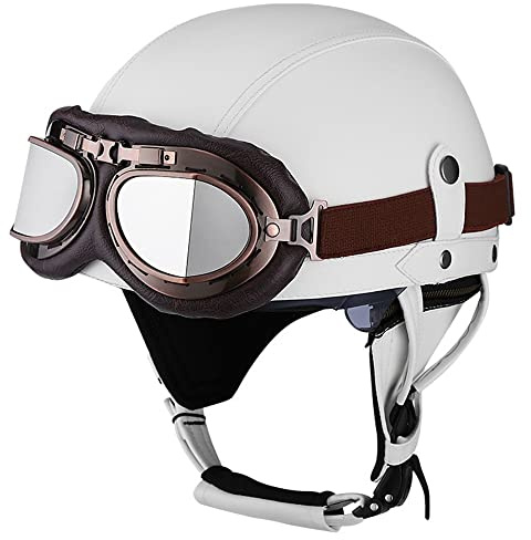 BDTOT Retro Motorrad Halbhelme Leder Halbhelm Deutscher Stil Roller Cruiser Chopper Anti-Collision Helm Abnehmbarer Gehörschutz mit Visier ECE Zertifiziert Roller-Helm Scooter Mofa-Helm, XL=61~62cm