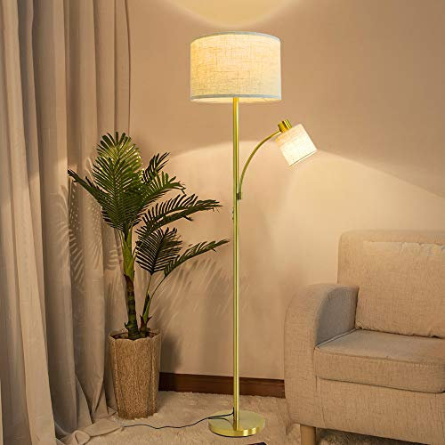 Depuley E27 Lampadaire Chambre Abat-jour avec Liseuse de Lecture, Lampe sur Pied Salon Moderne en Métal Or, Design Classique pour Chambre à Coucher, Hauteur de 176 CM-Ampoules 9W+5W Fournies